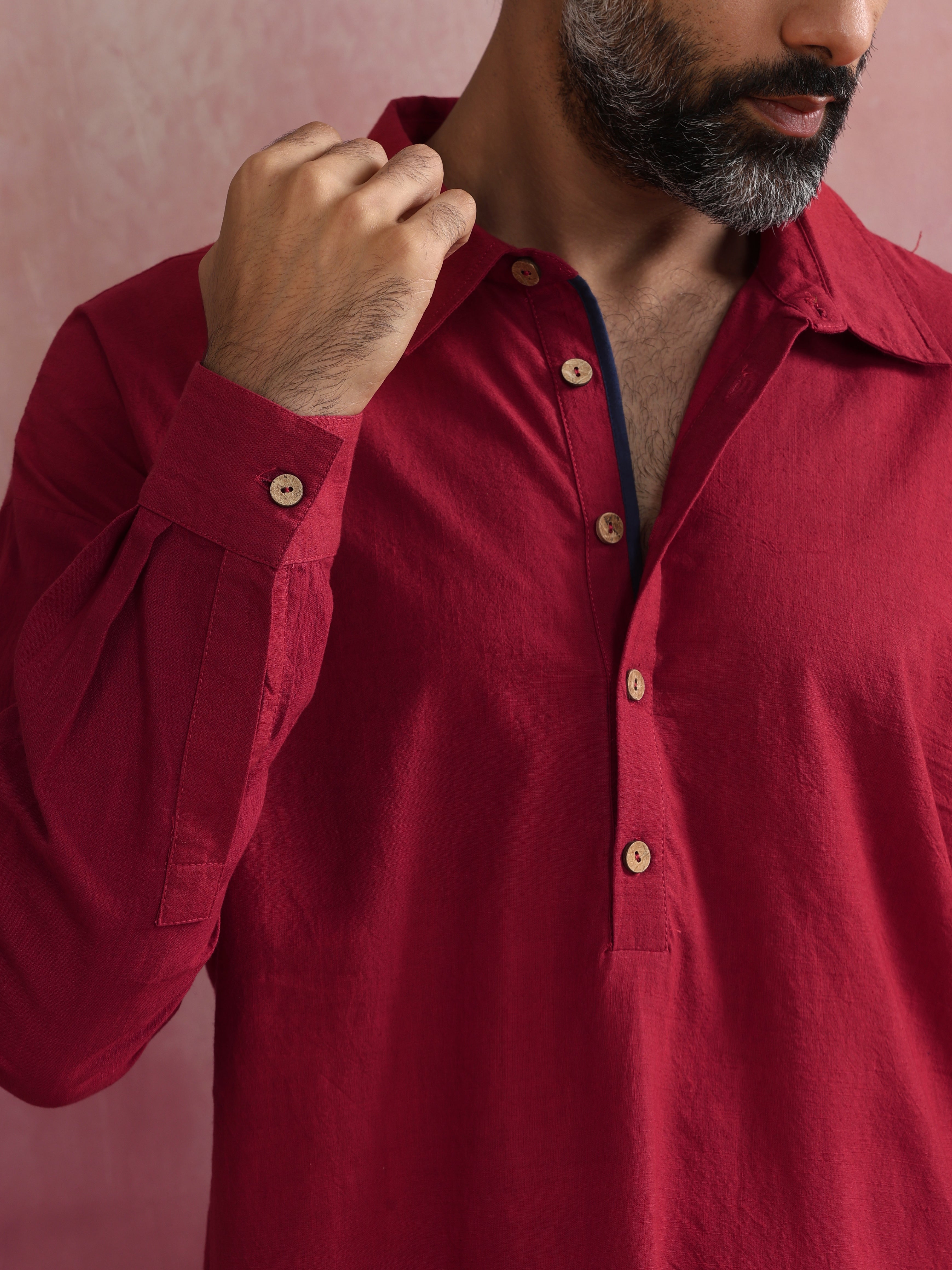 trueBrowns Men's Maroon Cotton Shirt Collar Stylized Kurta