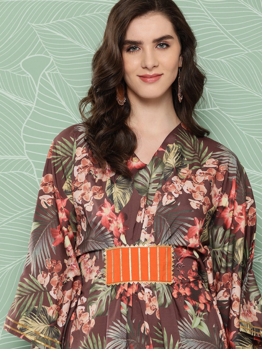 Ahalyaa Women Floral Printed Flared Sleeves Gotta Patti Crepe Kaftan Kurta - Distacart