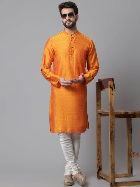 Even Apparels Orange Solid Kurta With Band Collar
