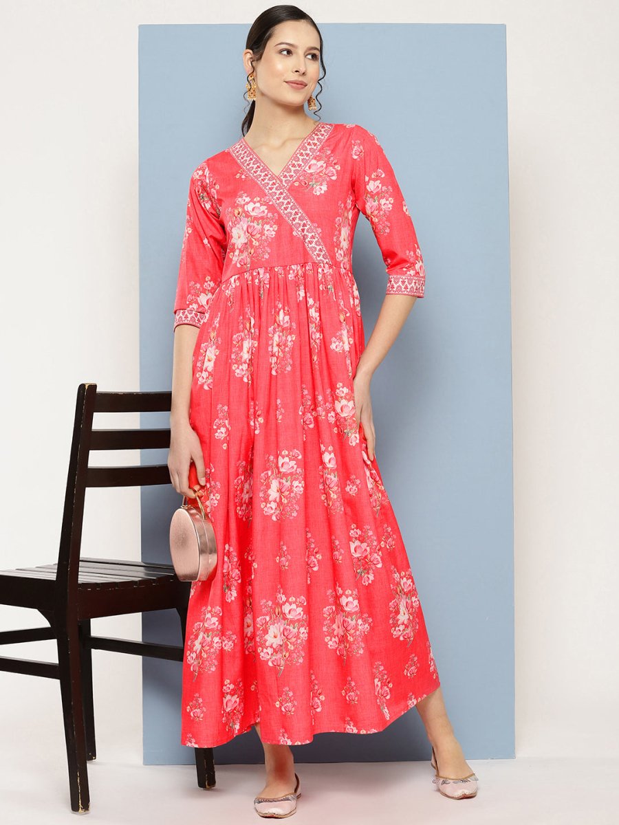 Ahalyaa Floral Printed Pleated Maxi Empire Ethnic Dress - Distacart