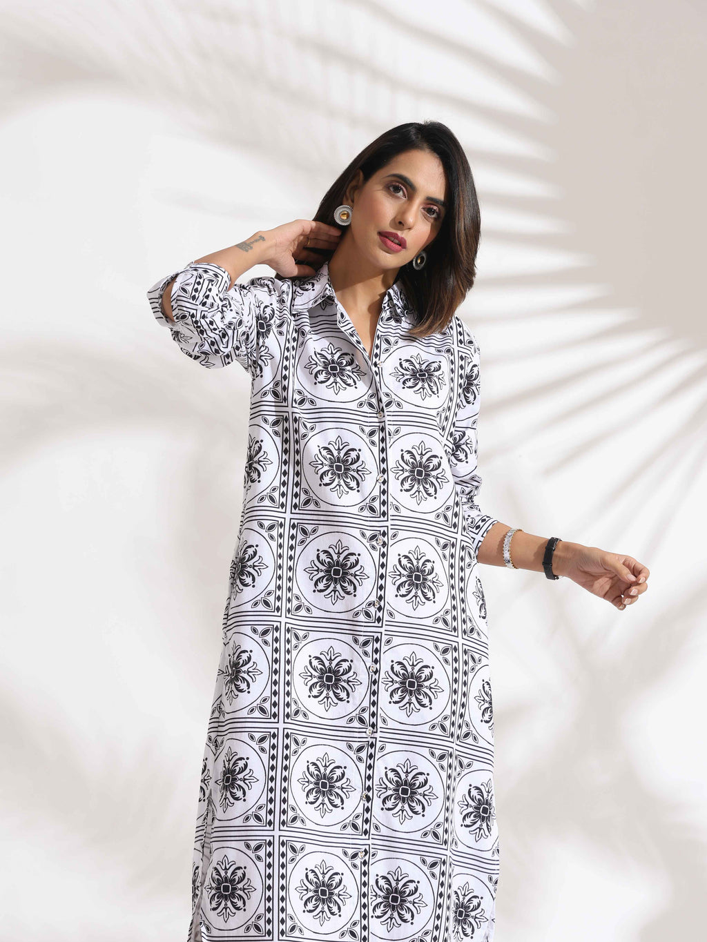 trueBrowns White Cotton Print Shirt Dress - Distacart