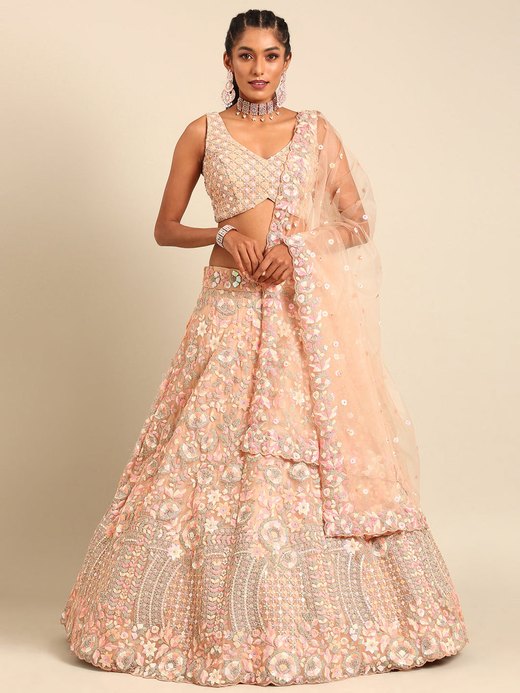 House of Panchhi Peach Net Multi Sequins with heavy Zarkan embroidery Lehenga choli & Dupatta