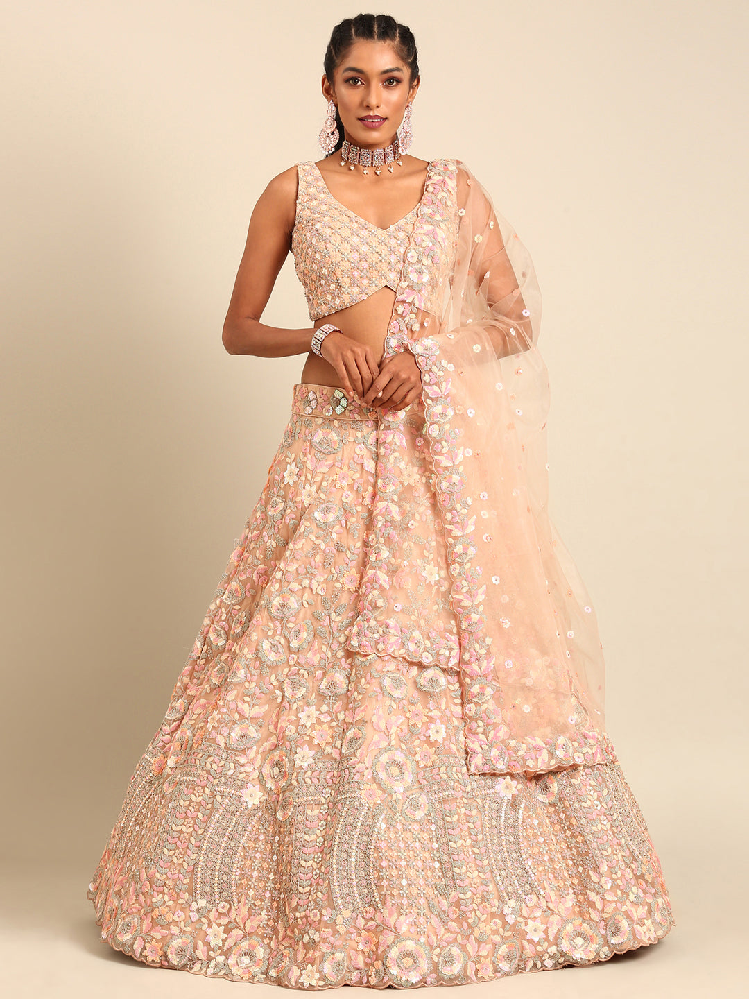 House of Panchhi Peach Net Multi Sequins with heavy Zarkan embroidery Lehenga choli & Dupatta