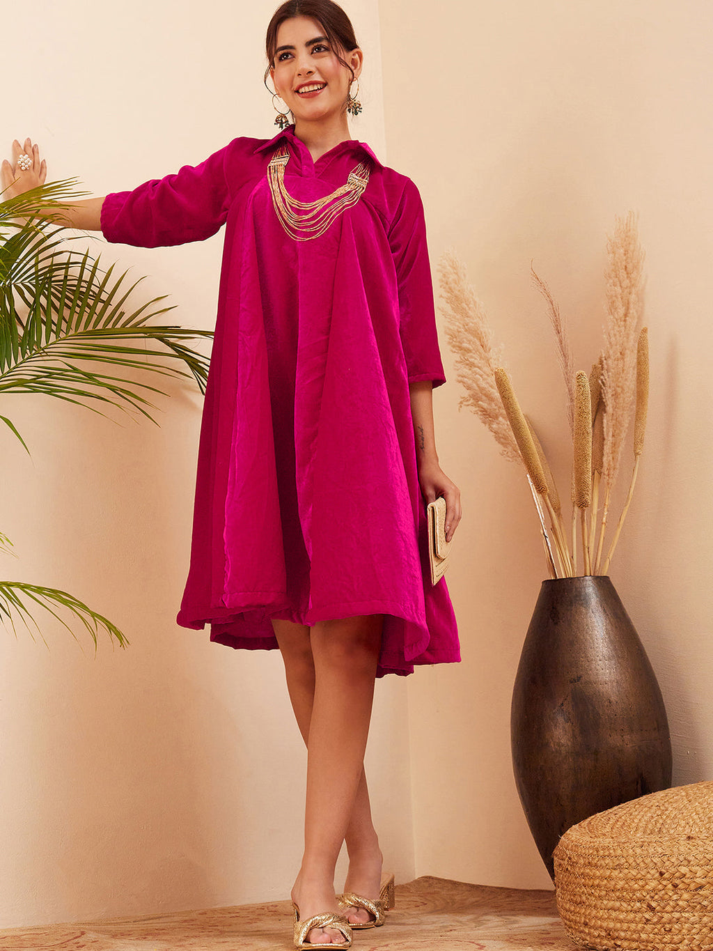 InWeave Women's Fuchsia Velvet Collared Neck Flared Midi Dress - Distacart