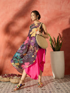InWeave Black Floral Fuchsia Asymmetrical Dress - Distacart