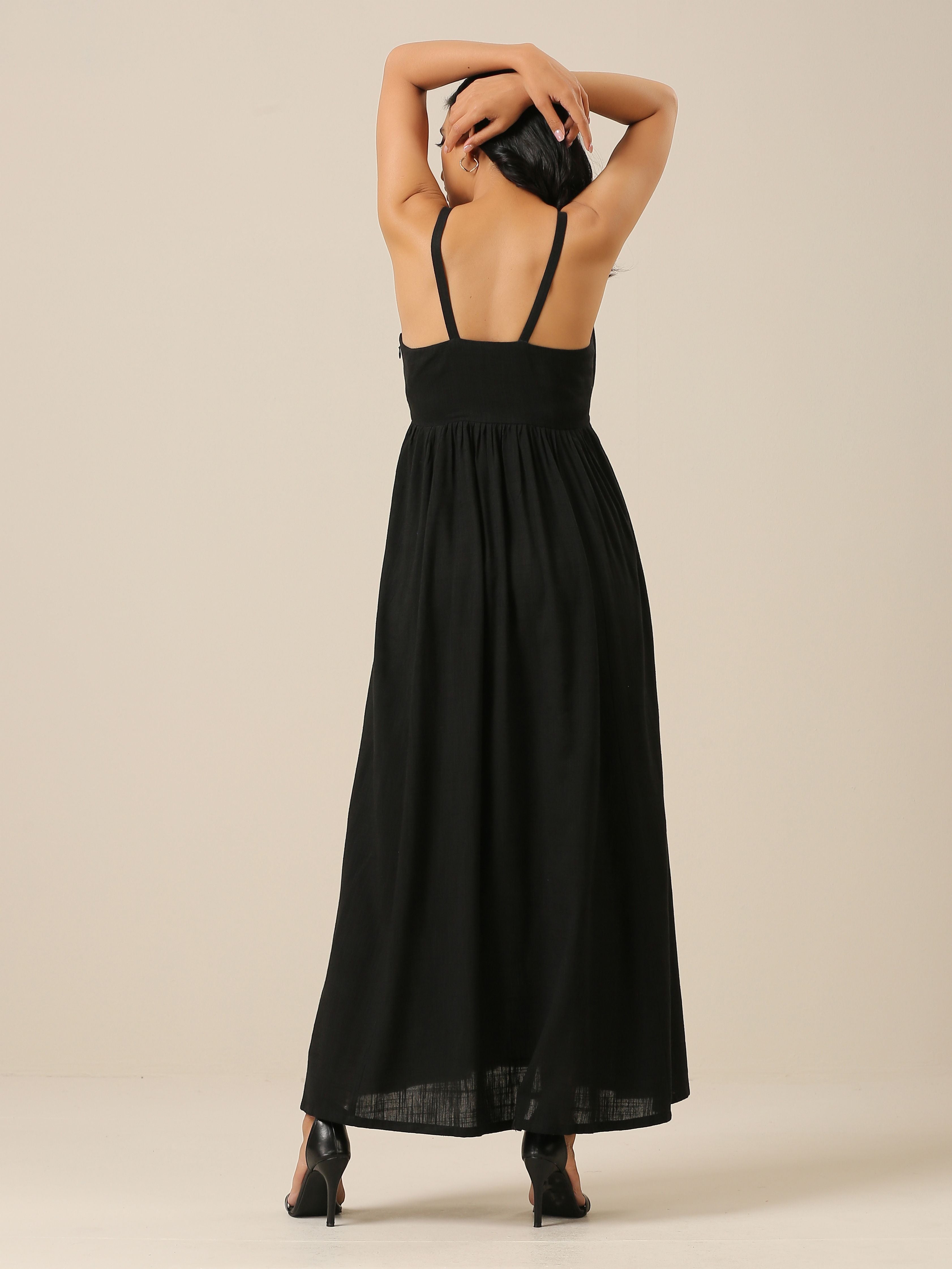 trueBrowns Black Slub Texture Sleeveless Dress - Distacart