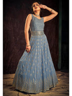 Myra Blue Real Georgette Designer Gown Style Suit - Distacart