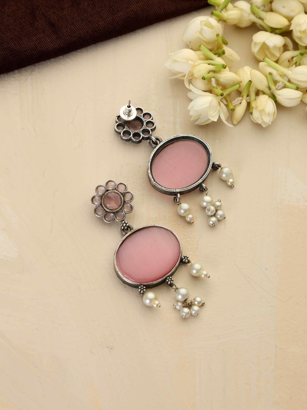 trueBrowns Silver Tone Pink Stone Dangle Earrings - Distacart