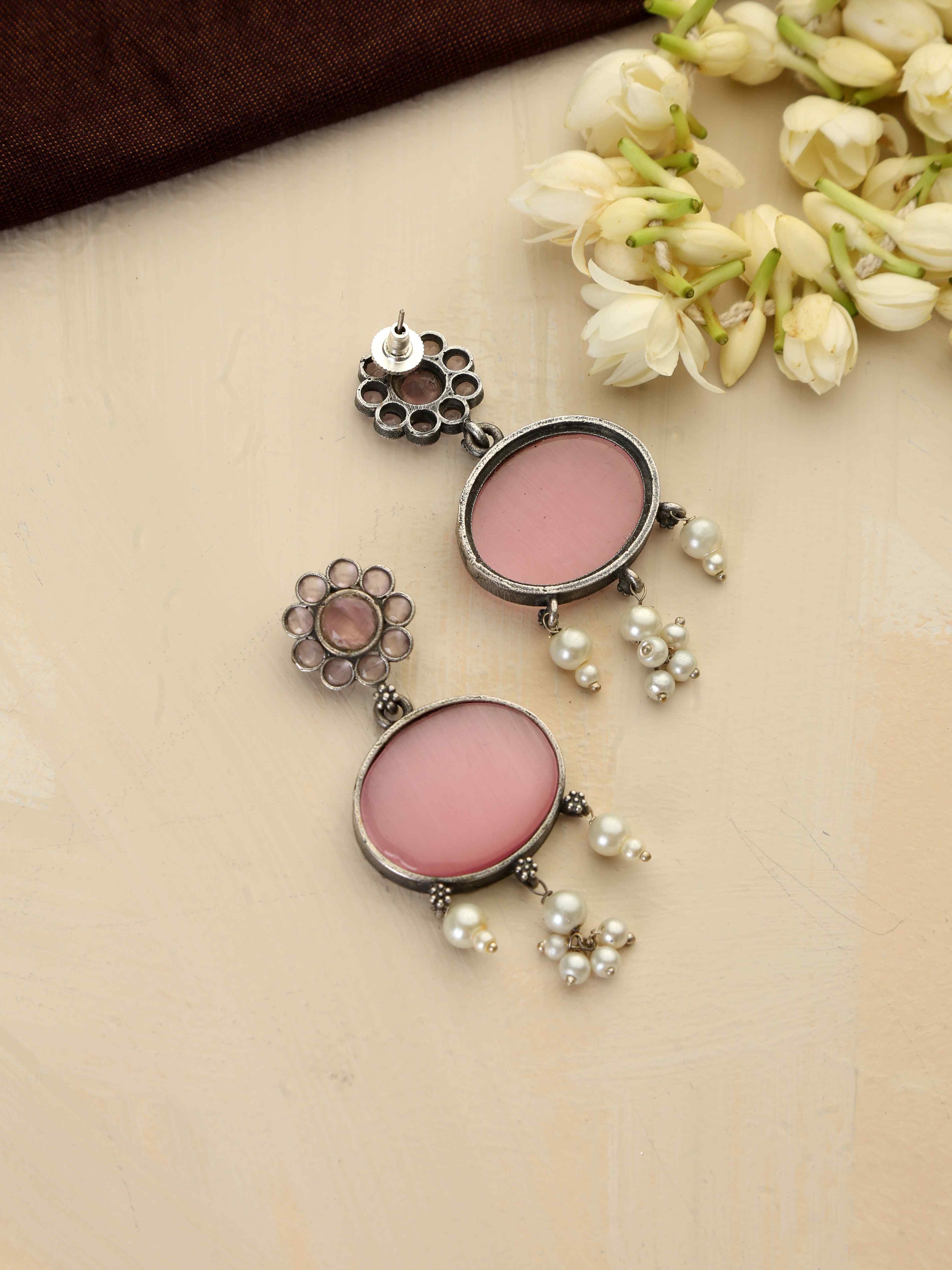 trueBrowns Silver Tone Pink Stone Dangle Earrings - Distacart