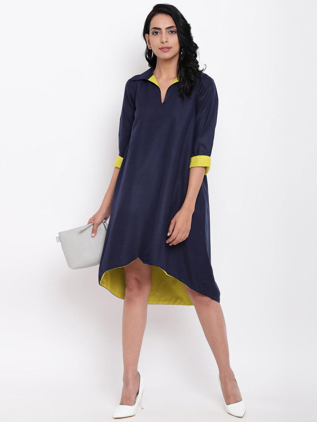 trueBrowns Linen Cotton Blue Collared Dress - Distacart