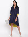 trueBrowns Linen Cotton Blue Collared Dress - Distacart