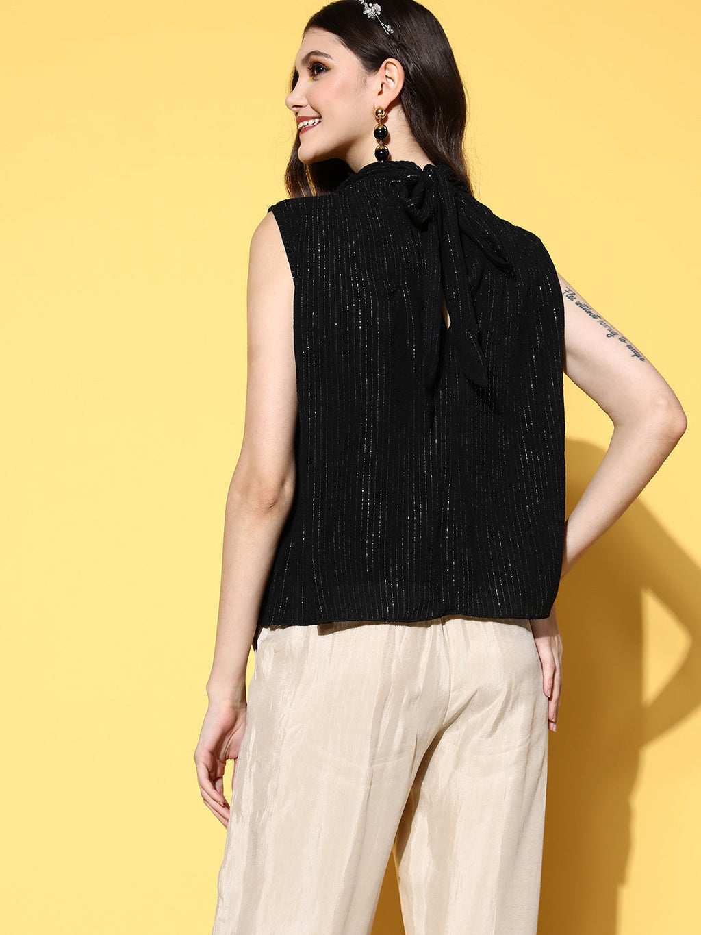 InWeave Women's Black Lurex Tie Up Top