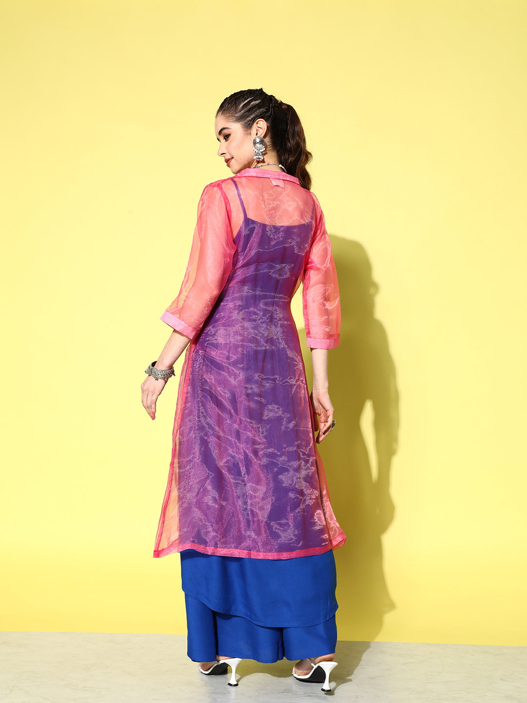 InWeave Women's Ink Blue Strappy Kurta Set With Pink Organza Cape
