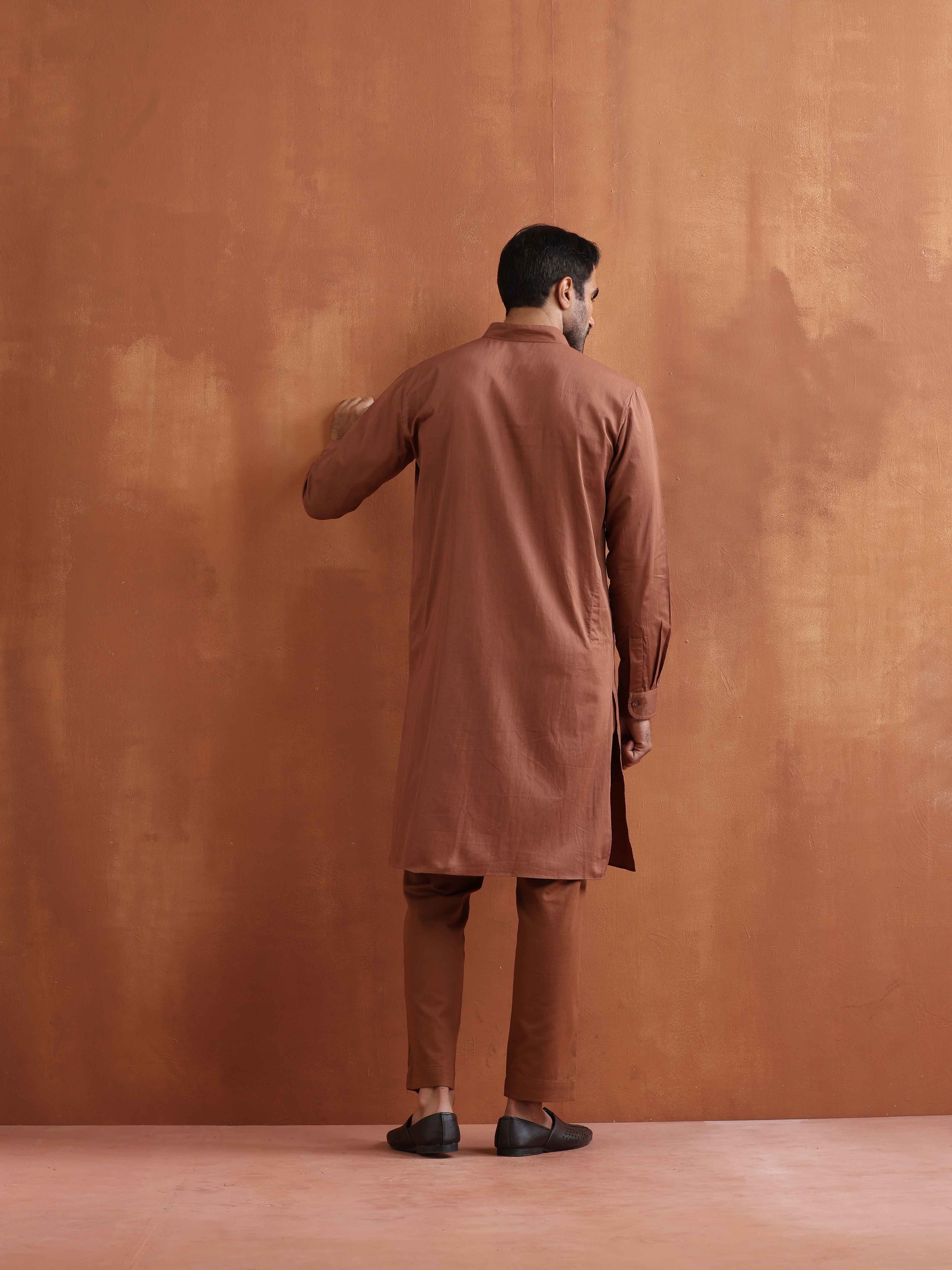 trueBrowns Men's Brown Cotton Front Open Kurta