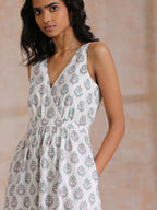 trueBrowns Green Buta On White Block Print Cotton Sleeveless Wrap Dress - Distacart