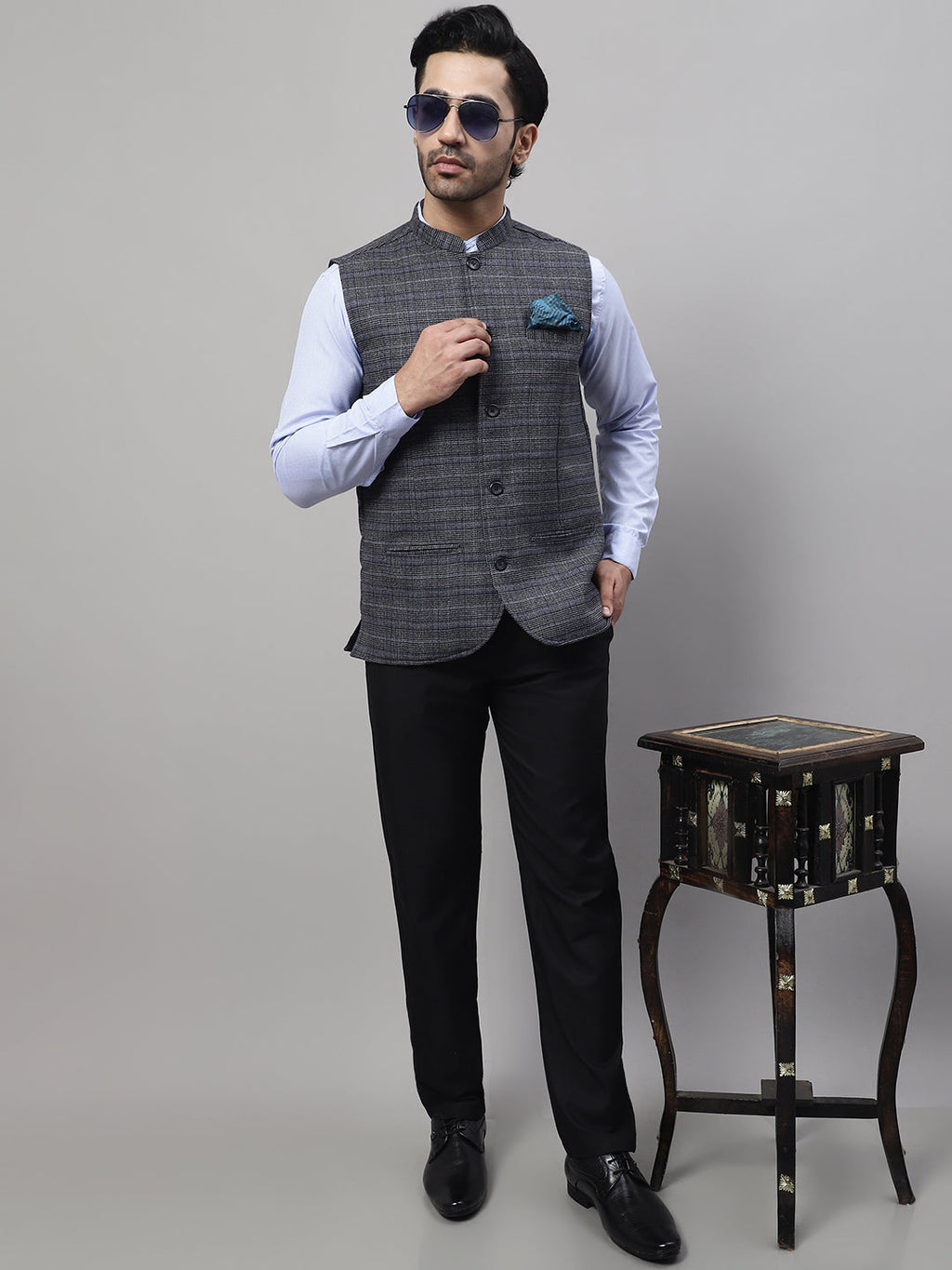 Even Apparels Men's Grey Nehru Jacket With Welt Pockets