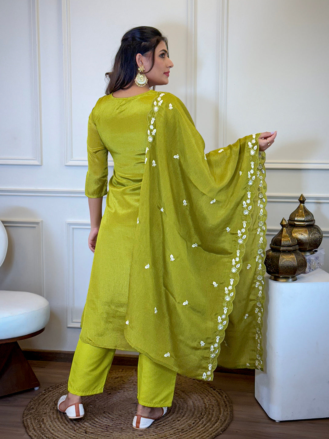 The52 Women's Gorgeous Chinon Embroidery Straight Kurta with Pant And Dupatta Set - Distacart