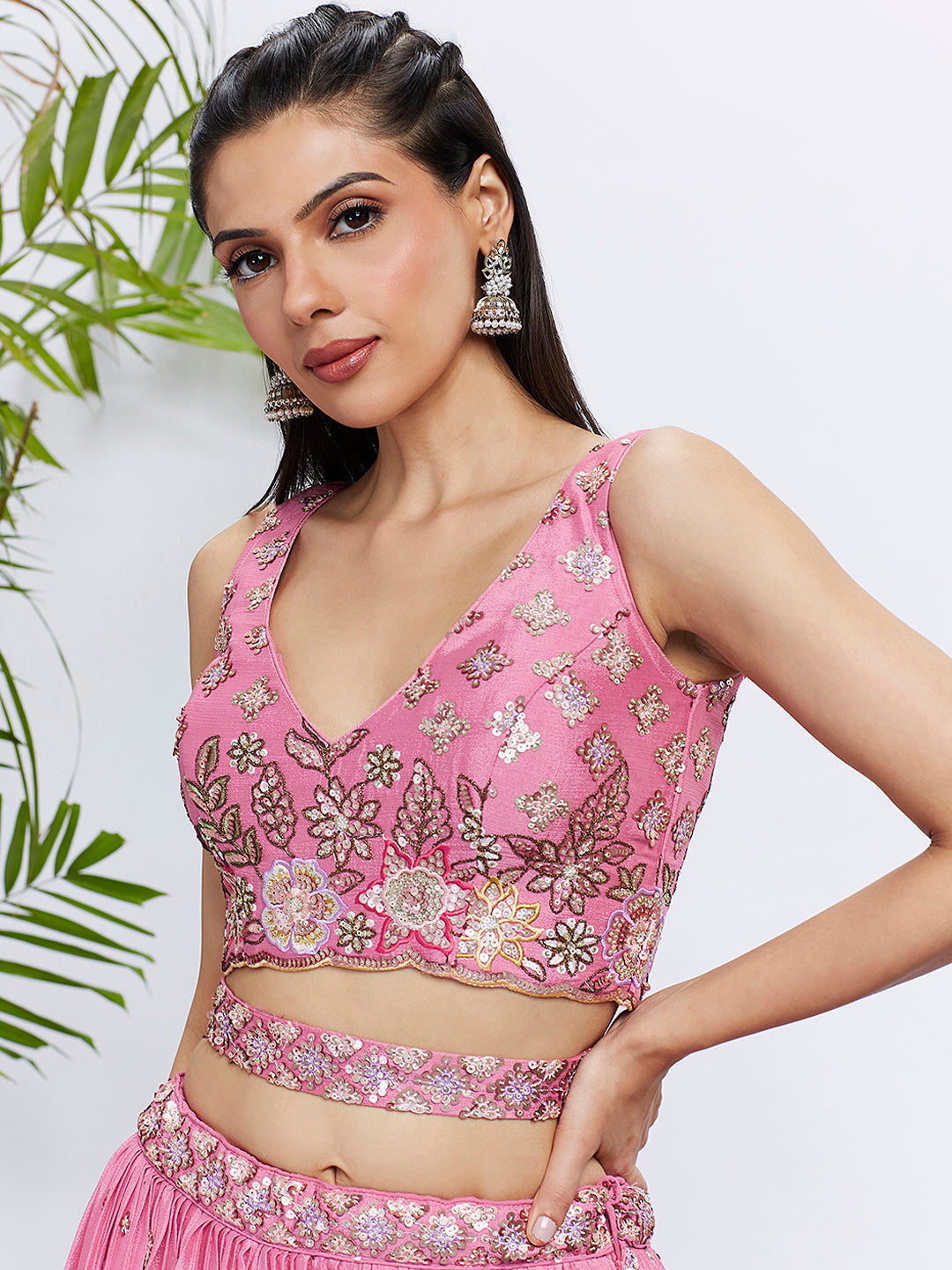House of Panchhi Lime Green Chiffon Sequins And Thread Embroidery Lehenga Choli & Dupatta