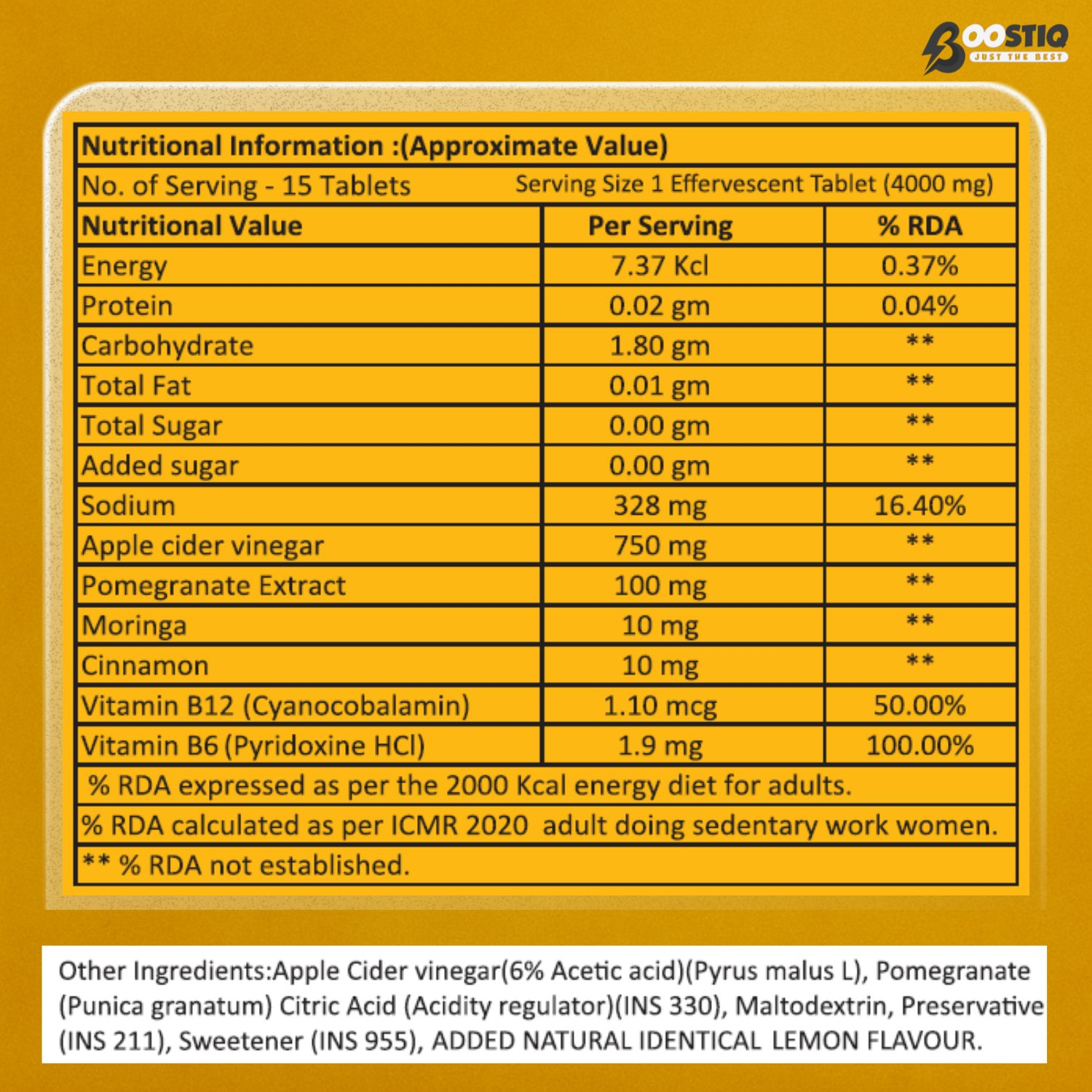 BOOSTIQ ACV Moringa & Cinnamon Effervescent Tablets - Lemon Flavour