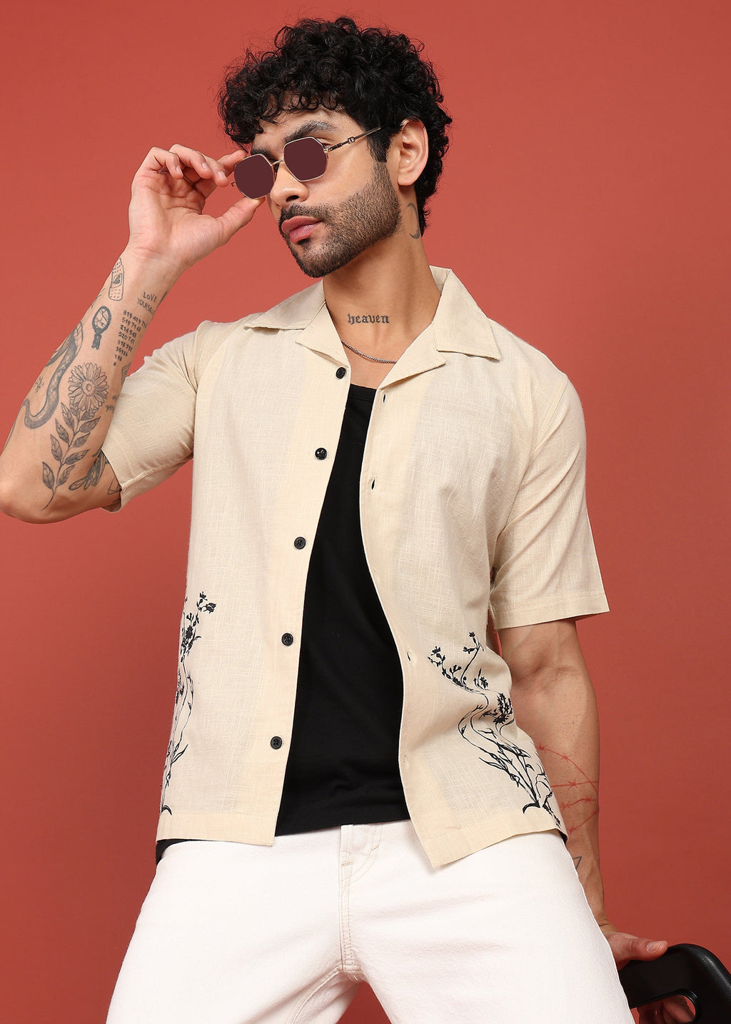 Fabmade Beige Bloom Embroidered Resort Shirt