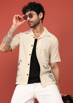 Fabmade Beige Bloom Embroidered Resort Shirt