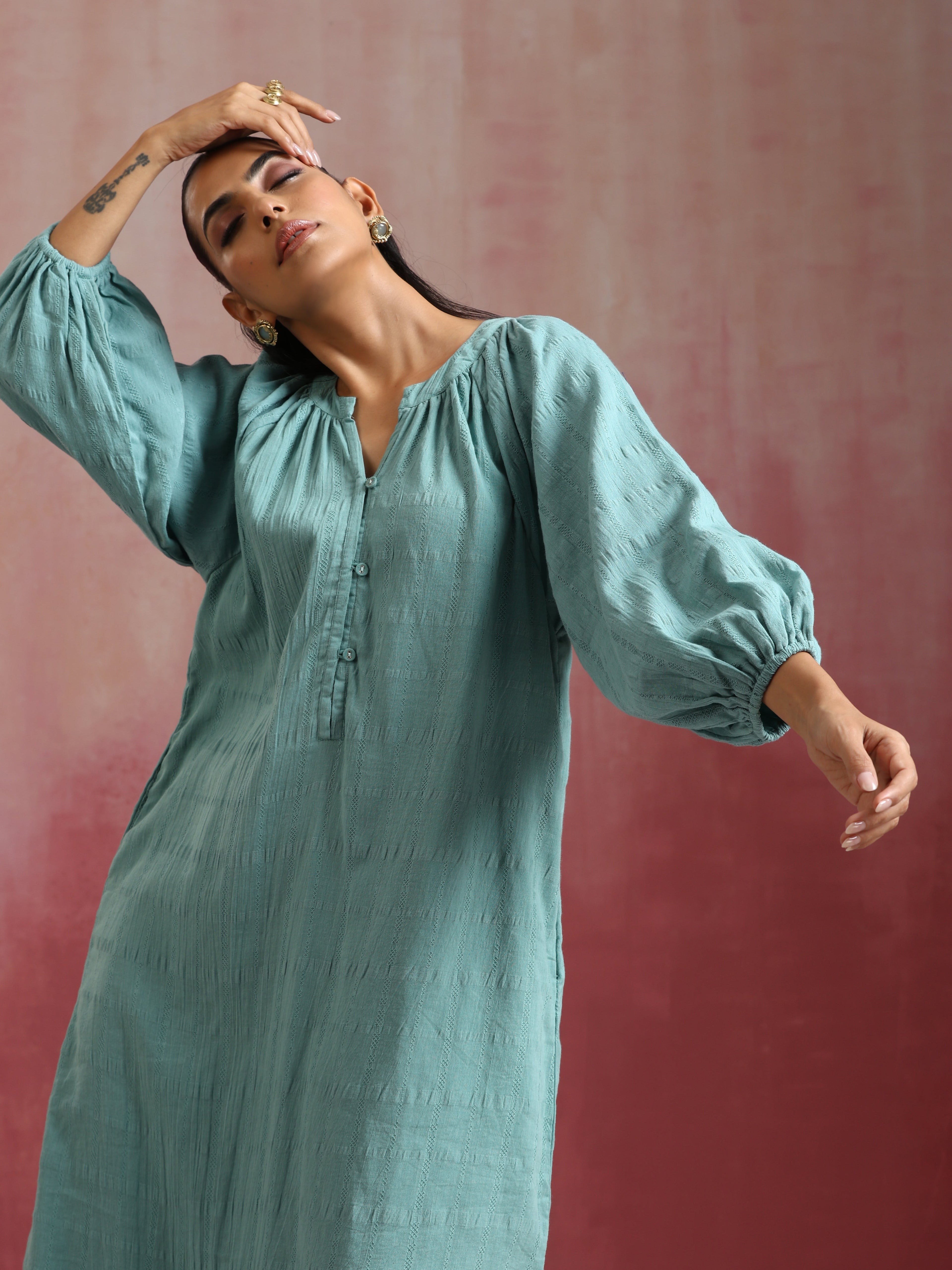 trueBrowns Aqua Blue Cotton Dobby Dress - Distacart