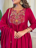 The52 Women's Gorgeous Vichitra Silk Embroidery Flared Kurta with Palazzo And Dupatta Set - Distacart