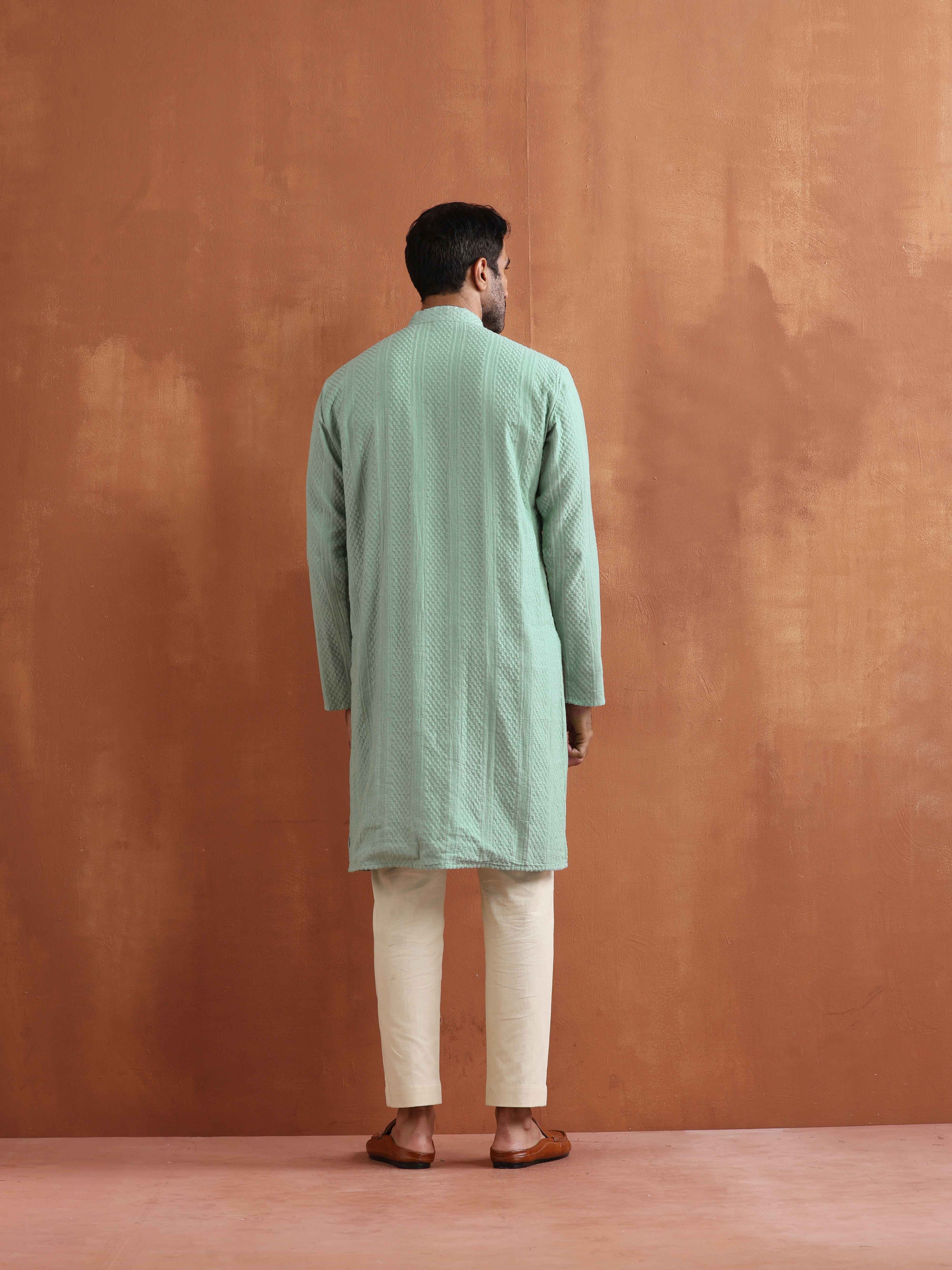 trueBrowns Men's Green Cotton Dobby Kurta