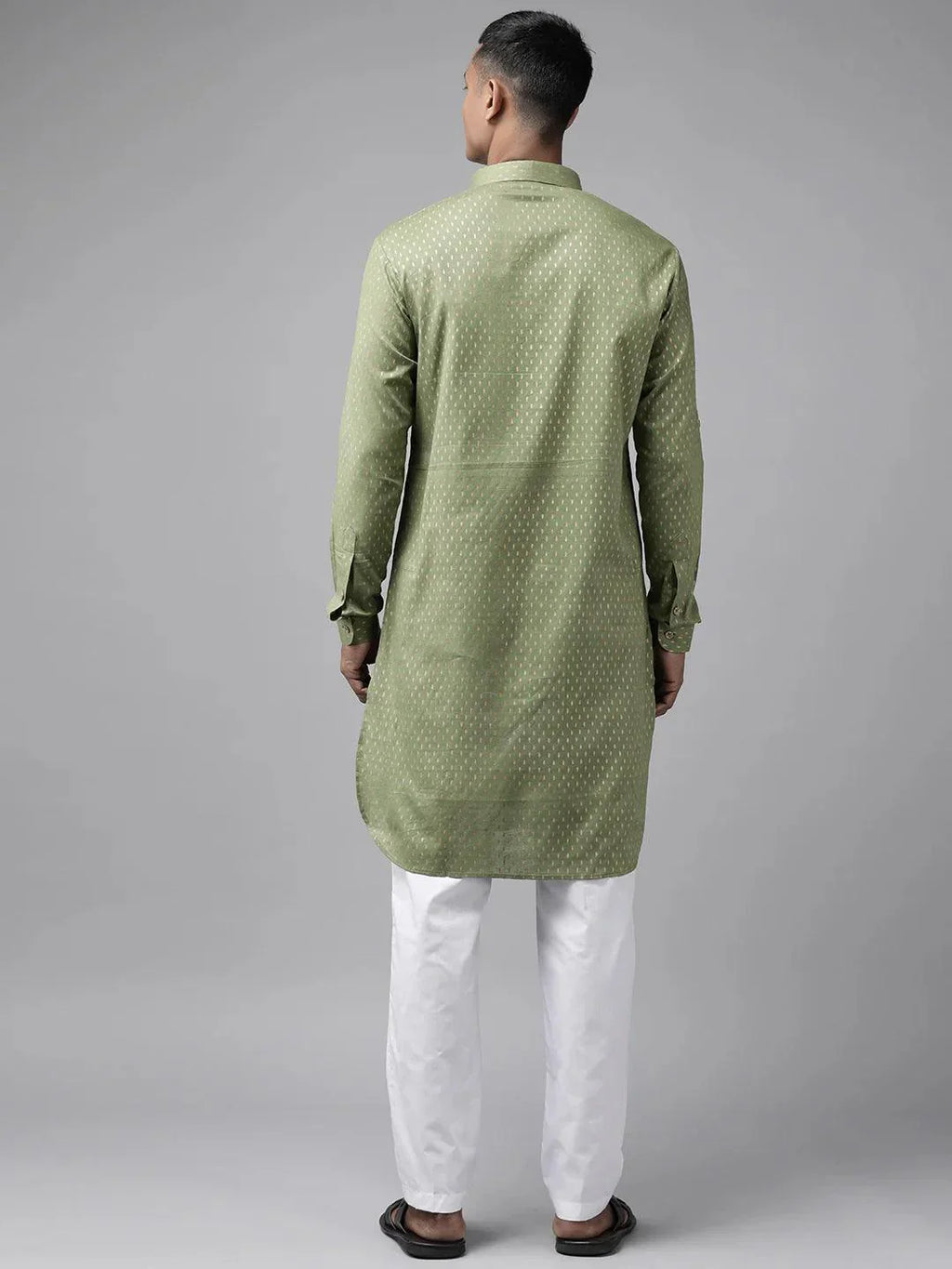 Fabmade Pure Cotton Olive Green Printed Pathani Kurta