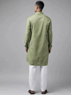 Fabmade Pure Cotton Olive Green Printed Pathani Kurta