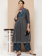 KSUT (House of Varanga) Blue And Rust Yoke Style Anarkali Paired With Printed Palazzo And Ombre Dupatta - Distacart