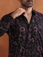 trueBrowns Men's Black Floral Printed Short Kurta