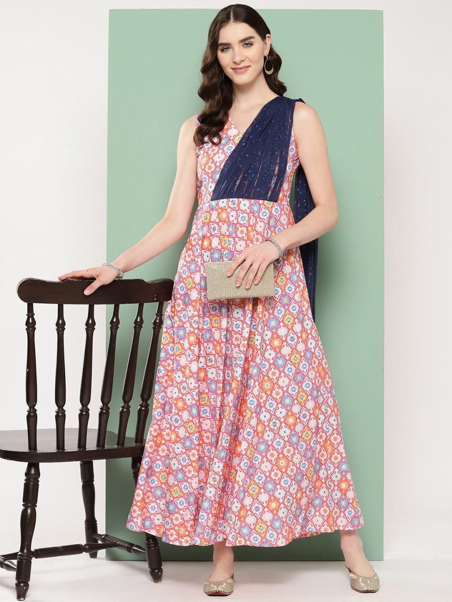 Ahalyaa Abstract Printed Empire Ethnic Dress - Distacart