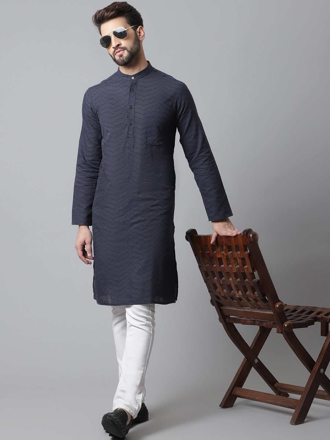 Even Apparels Blue Pure Cotton Kurta With Band Collar - Distacart