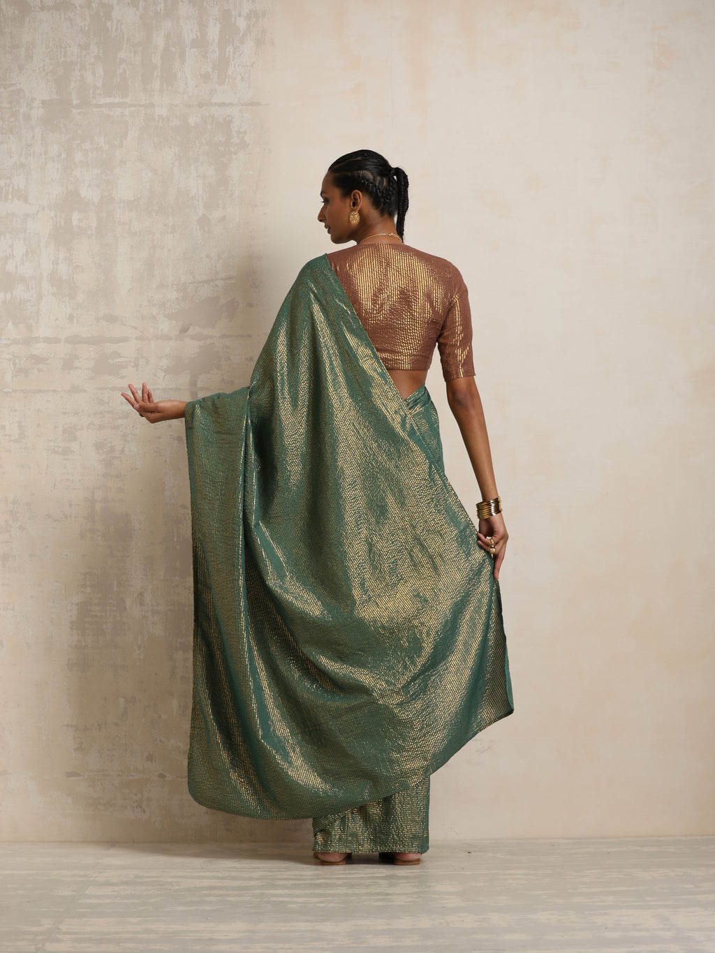 trueBrowns Dark Green Gold Lurex Ready To Wear Saree