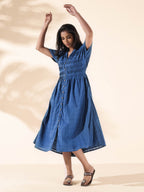 trueBrowns Blue Cotton Dobby Dress - Distacart