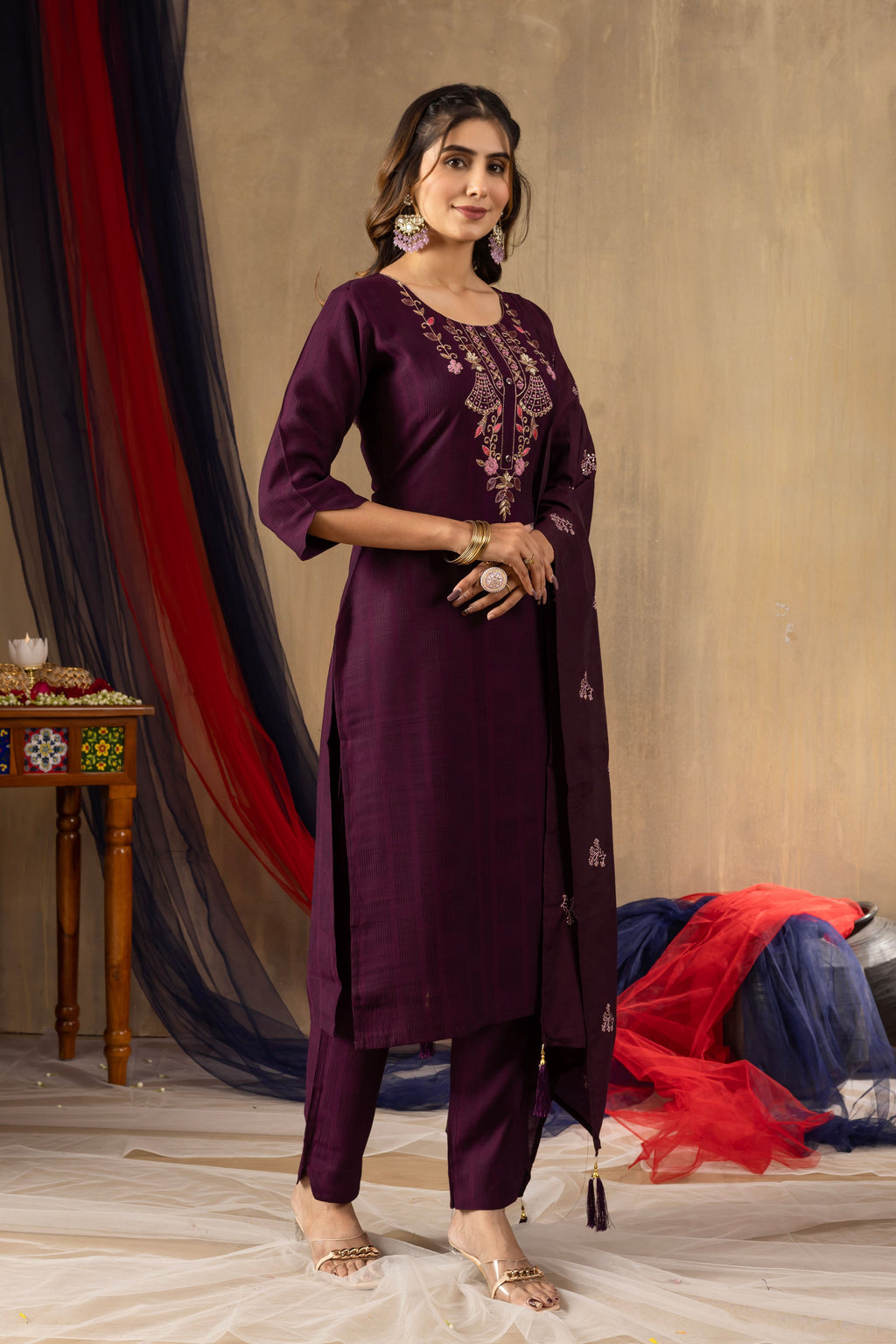 Pramukh Fab Wine Color Viscose Kurta Set - Distacart