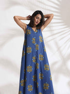 trueBrowns Blue Cotton Print Sleeveless Dress - Distacart