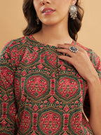 InWeave Women's Green Red Mughal Kalamkari Top