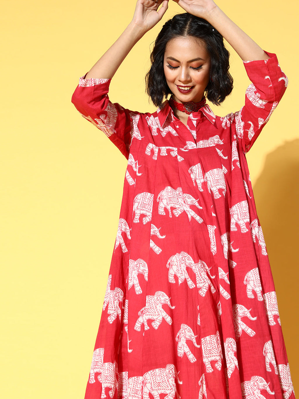 InWeave Red Elephant Flared Dress