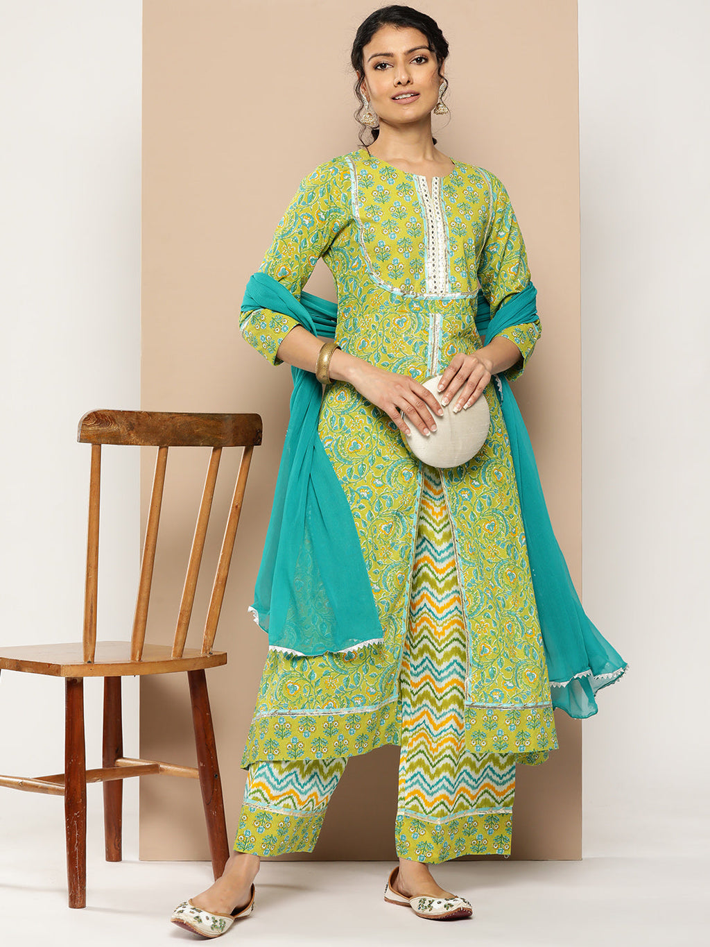 KSUT (House of Varanga) Green Floral Printed A-Line Kurta Paired With Printed Palazzo And Chiffon Dupatta - Distacart