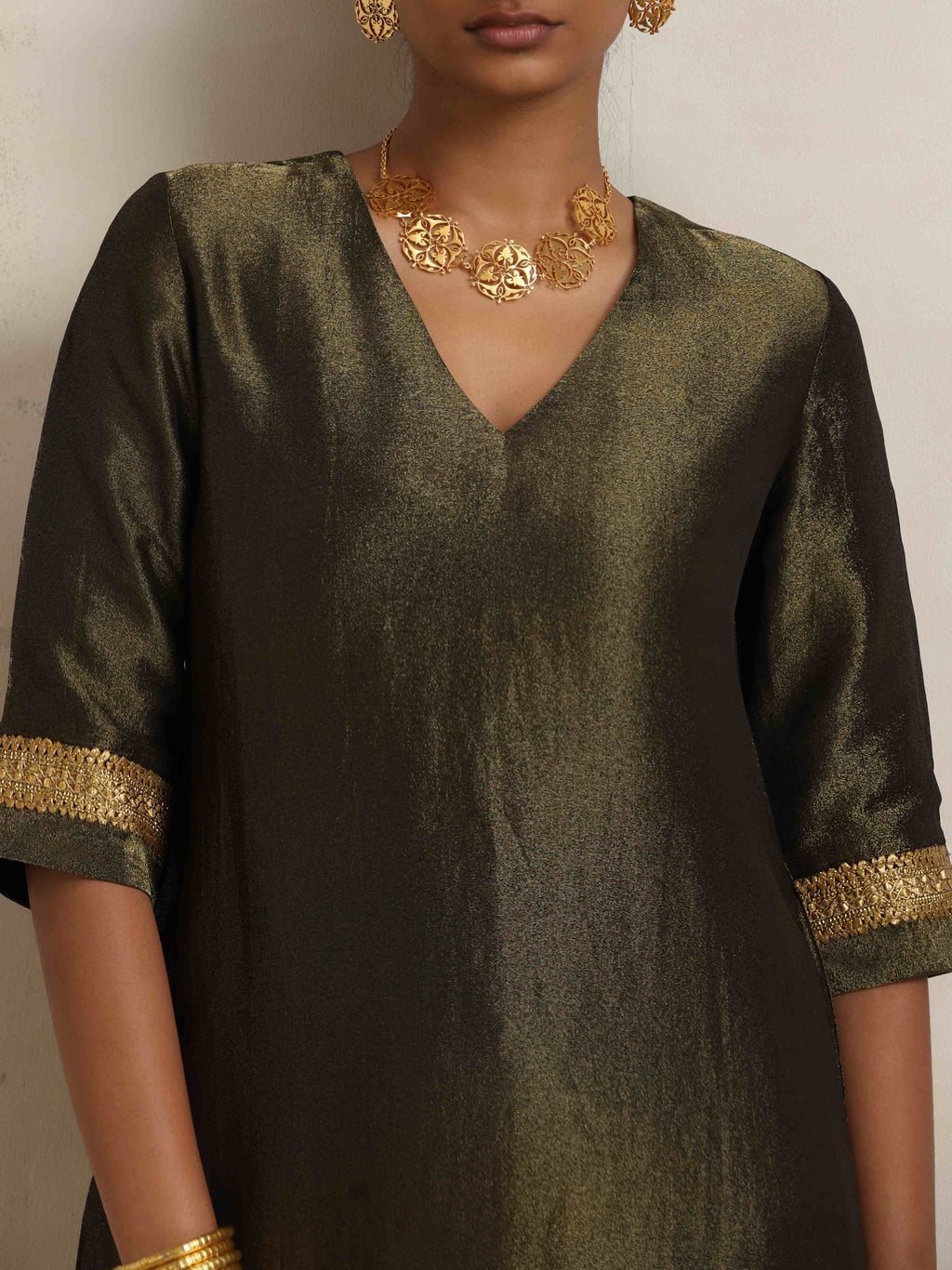 trueBrowns Olive Green Tissue Sharara Set - Distacart