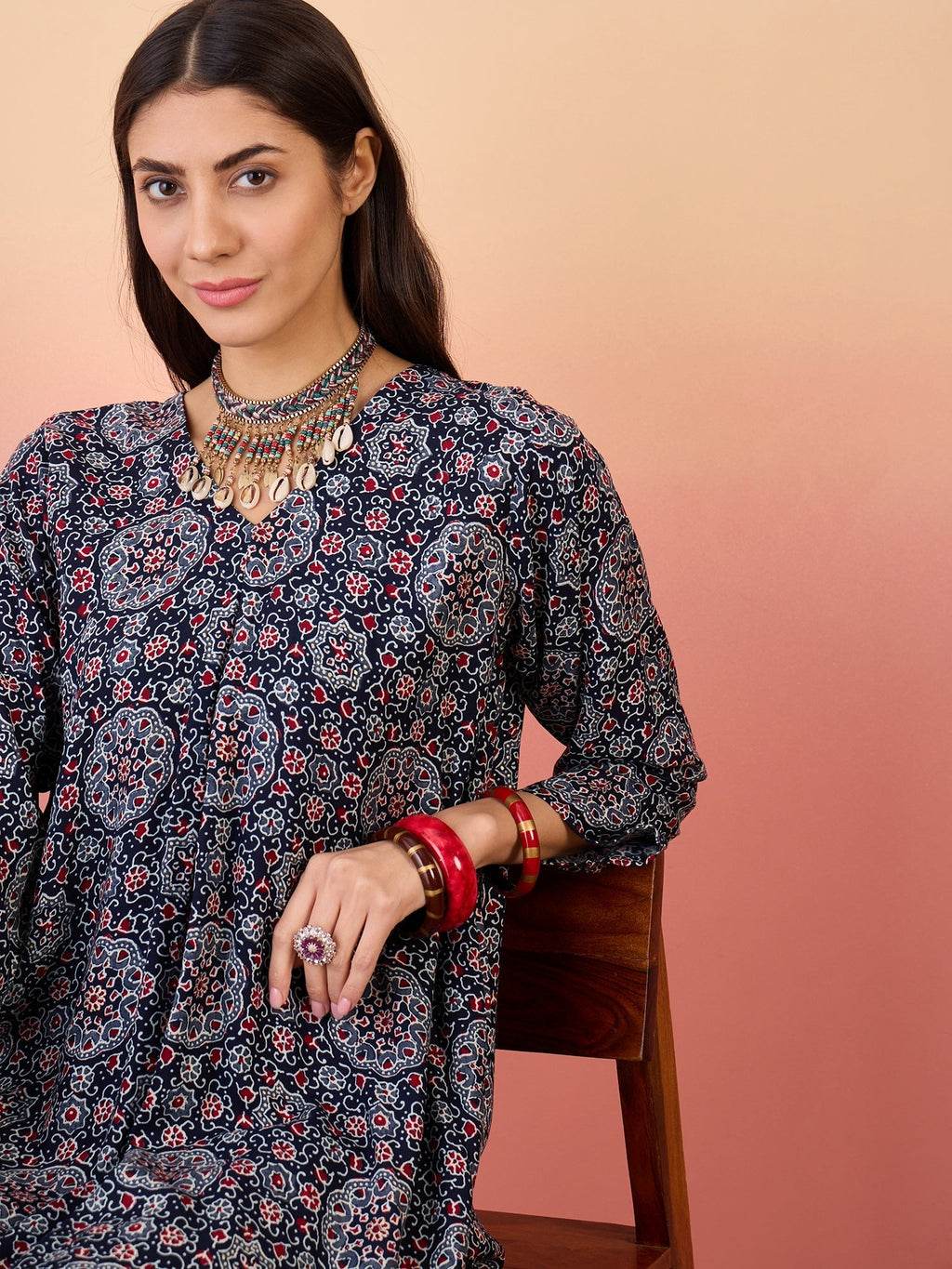 InWeave Navy Maroon Ajrakh Foil V Neck Kurta Pant Set