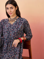 InWeave Navy Maroon Ajrakh Foil V Neck Kurta Pant Set