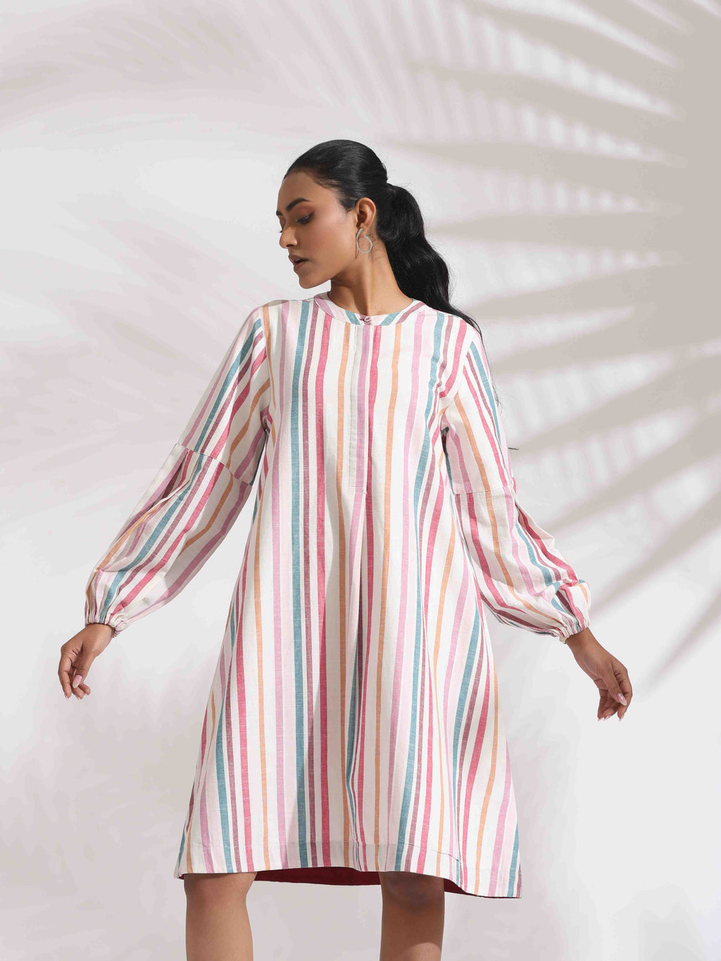 trueBrowns Off-White Cotton Multi Stripe Short Dress - Distacart