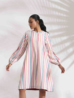 trueBrowns Off-White Cotton Multi Stripe Short Dress - Distacart