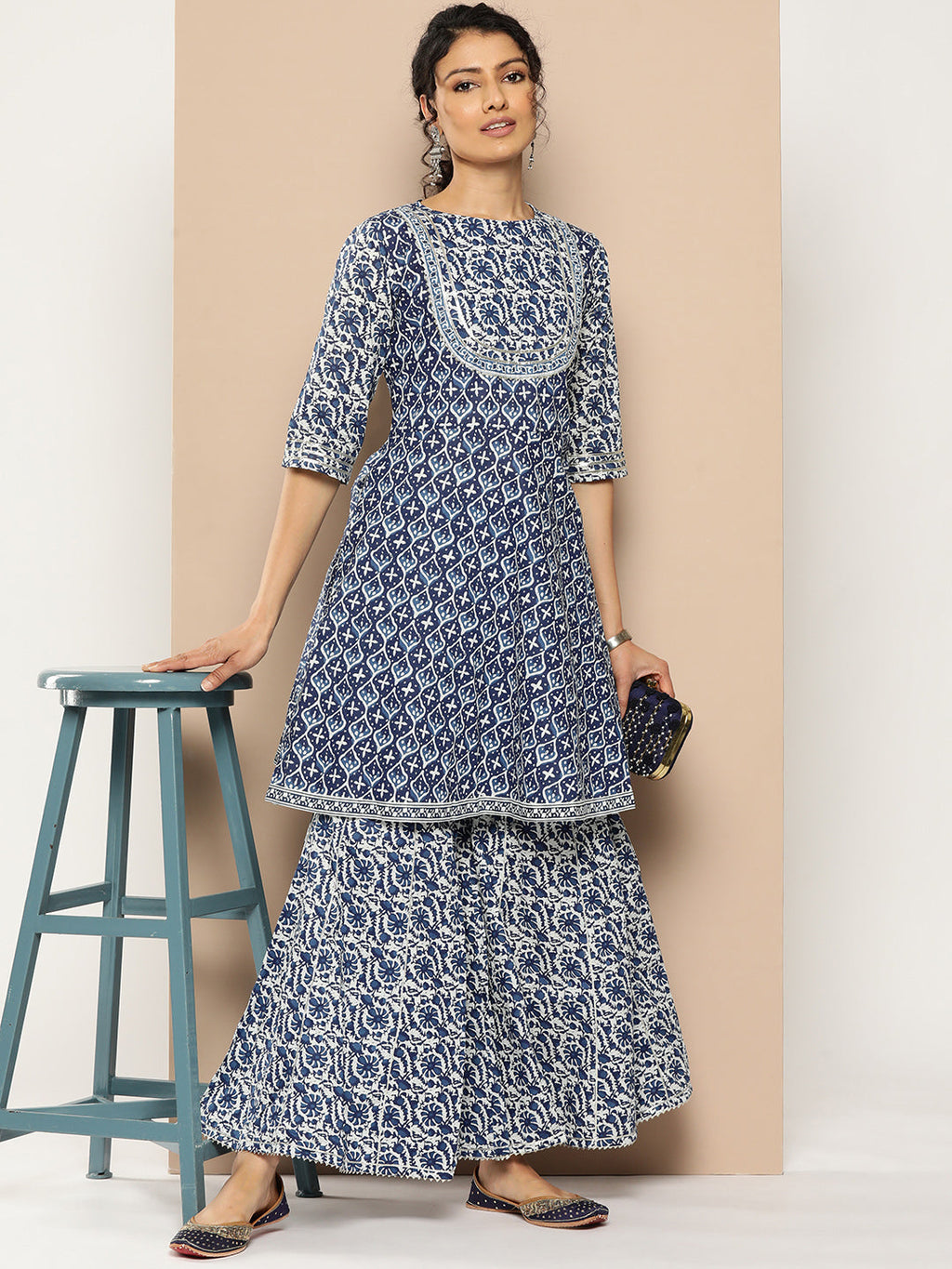 KSUT (House of Varanga) Indigo And White Floral Printed Flared Kurta Sharara Set - Distacart