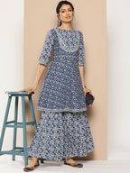 KSUT (House of Varanga) Indigo And White Floral Printed Flared Kurta Sharara Set - Distacart