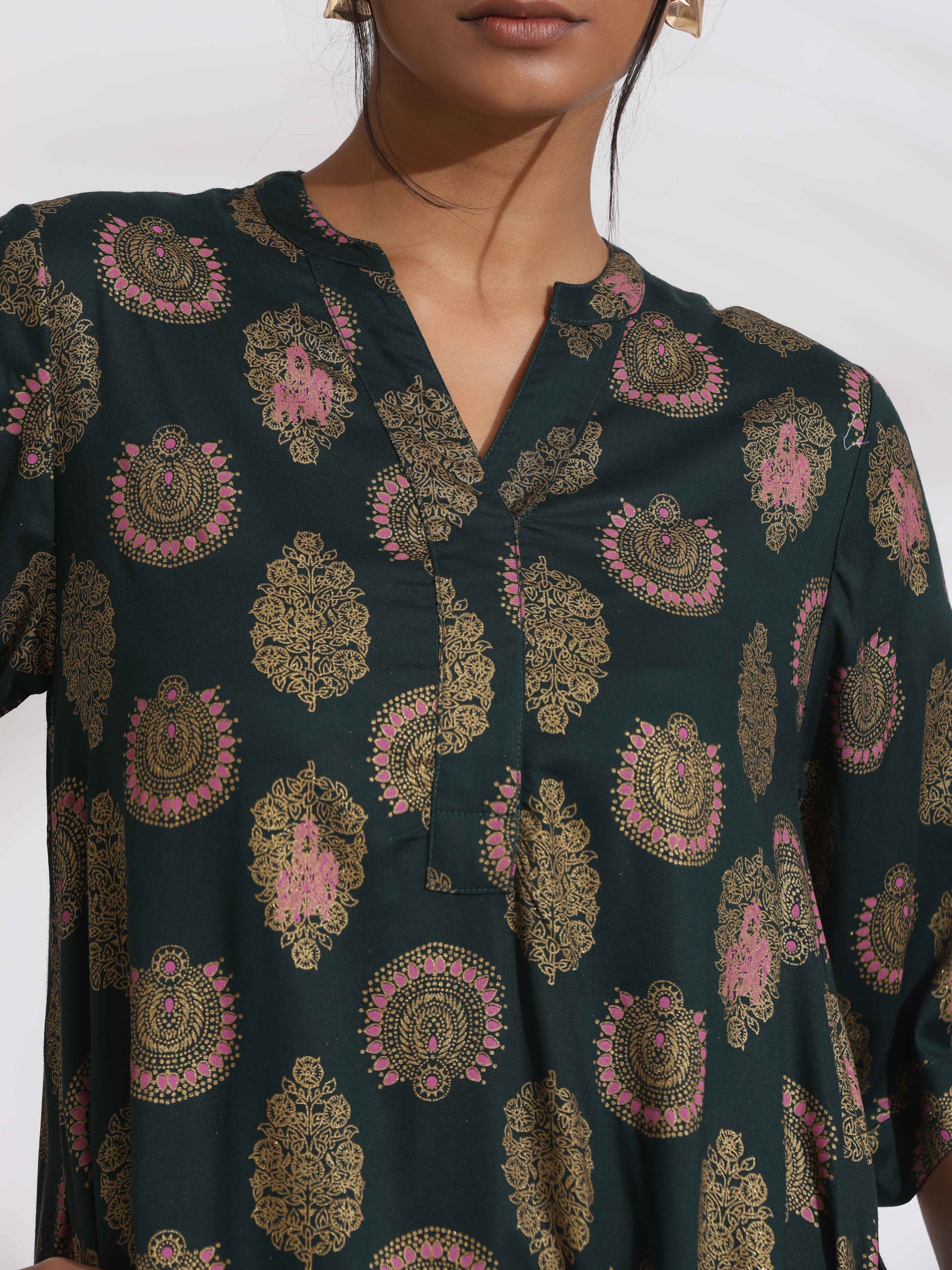 trueBrowns Green Foil Print Cotton Kurta Set - Distacart