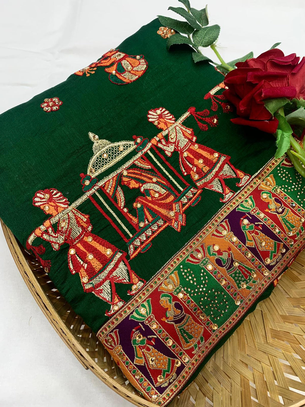 Lorenvalley Fashion Premium Green Vichitra Silk Embroidery and Diamond work Both Side Saree